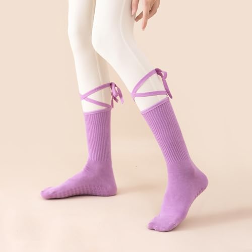 Womens Pilates Yoga Toe Socks with Grips Non Slip Cushioned Crew Socks Mid Calf for Barre Ballet