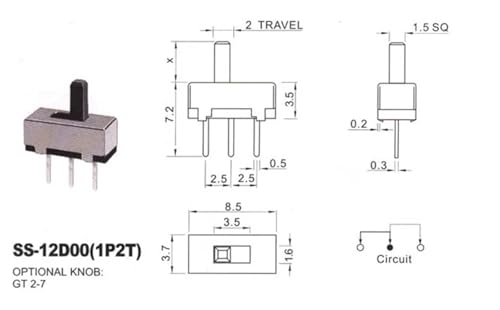 Interruptor de palanca SS12D00G3 mini de 3mm y paso 2.5mm 2