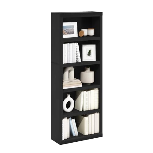 Image of Furinno Rail Book Shelf, 5-Tier Bookshelf with Open Shelf, Bookcase with Classic Style Edges, 10 x 24.6 x 63.5, for Organization and Storage, for Living Room, Bedroom, Home Office, Blackwood