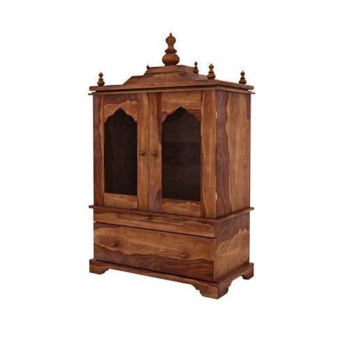 Image of G Fine Furniture 2.9 Ft Sheesham Wood Temple for Home | Wooden Pooja Mandir with 1 Drawer Storage 2 Glass Door Cabinet & Dhoop Batti Slider Stand | Traditional Pooja Ghar Mandap (Natural Finish)