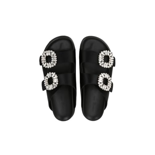 Square Buckle Slippers for Women Wearing Rhinestone Leather Casual Thick Sole Sandals