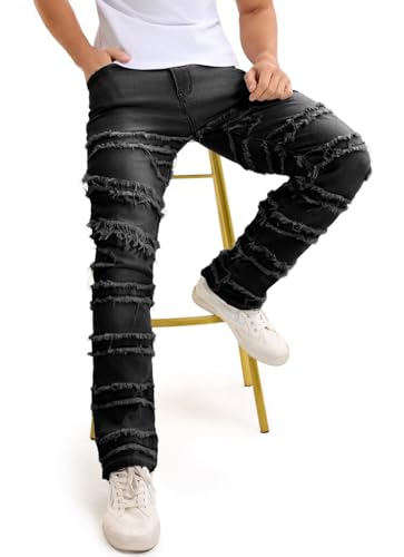 Mens Stacked Jeans Slim Fit Distressed Destroyed Ripped Stretch Flared Jeans for Men4