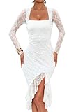 MEROKEETY Women's Long Sleeve Bodycon Lace Dress Square Neck Ruched Ruffle Hem Sexy Wedding Guest Cocktail Dresses, White, Medium