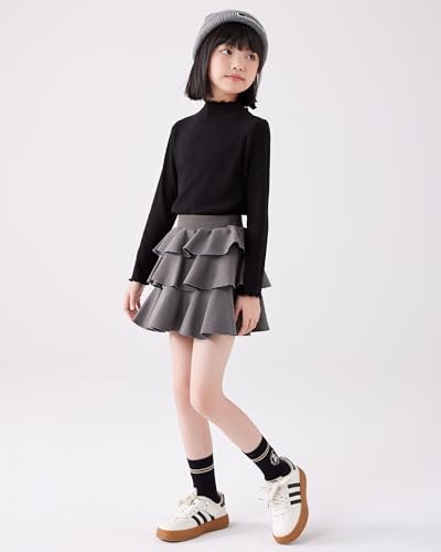 Image of ACESTAR Girls Solid Lettuce Trim Mock Neck Shirt Long Sleeve Slim Fit Ribbed Knit Tee Ruffle Tops Soft Base Layer