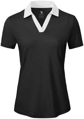 BGOWATU Women's Short Sleeve Golf Tennis Polo Shirts V Neck Collared Workout Tops UV Protection Dry Fit, Black+white, S