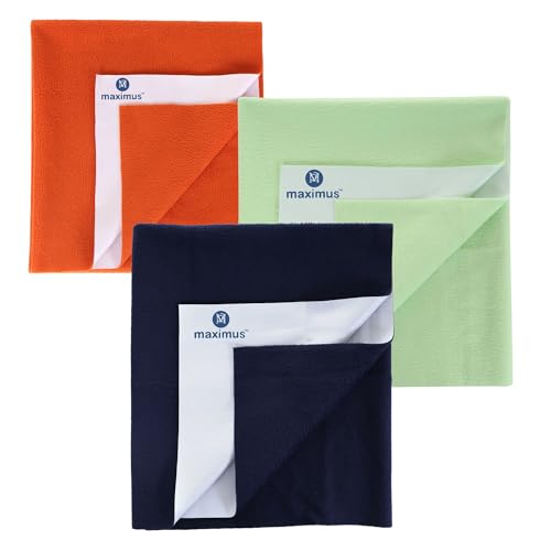 Image of Maximus Waterproof Quick Dry Sheet for Baby Pack of 3 | Bed Pad Extra Absorbent Washable Matress Protector | Bed Protector Sheet for Toddler Children (140x100cm) (NBLUE, Green & Orange, Large)