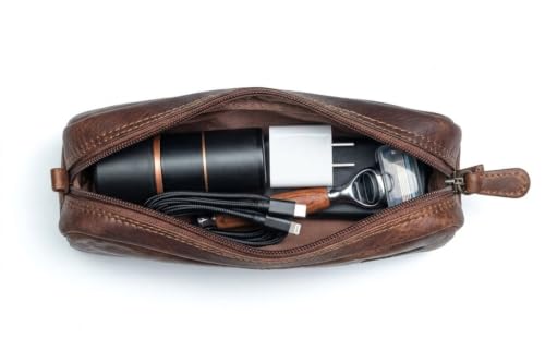 Image of Calfnero Genuine Leather Toiletry Bag for Men & Women | Premium Leather Travel-Pouch | Toiletry Organizer | Cosmetic & Shaving Kit Bag | Unisex Travel Dopp Kit (Kara)