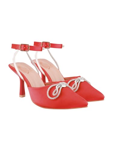 Image of Women's Satin High Heel Sandals Pointed Toe Party Heels with Rhinestone Bow & Ankle Strap - Elegant Stilettos for Weddings & Events