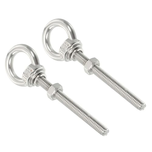 Image of uxcell M4*60 3 /16 inchx2.36 inch Stainless Steel Eye Bolts Threaded Screw Eyebolt Shoulder Ring with Nuts Washers for Lifting Hanging, 2 Set