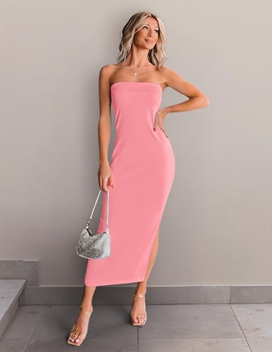 ZESICA Women's 2025 Summer Strapless Bodycon Midi Dress Off Shoulder Sleeveless Side Slit Tube Long Club Party Dresses 5