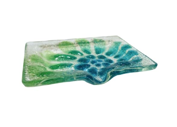 Green Blue Turquoise Ammonite Glass Soap Dish 13x10.5cm / 5"x4" with organza bag - Handmade by Matt Adkins in Dorset, UK