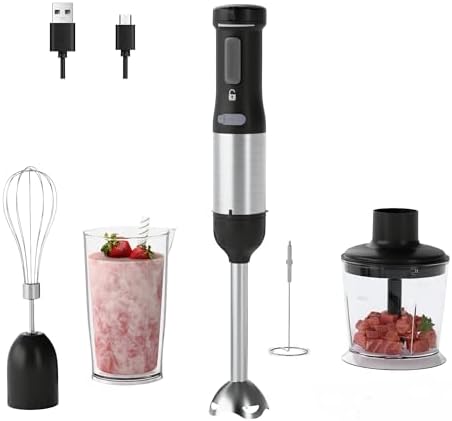 Cordless Immersion Hand Blender, 5-in-1 Variable Speed blender handheld,Rechargeable with 2000mAh Battery, BPA-Free & Dishwasher-Safe Accessories:700ml Beaker,Chopper,Whisk & Milk Frother,Black