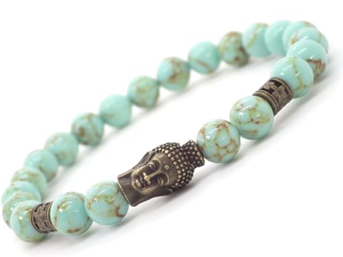 Bracelet homme perles turquoise bleue et Bouddha bronze, le cadeau idéal pour lui