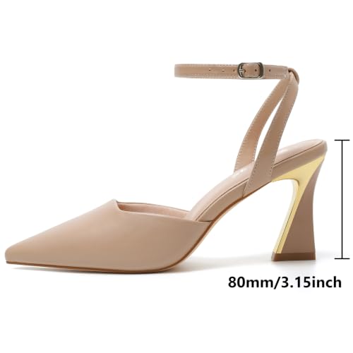 Image of RIBONGZ Comfortable Kitten Heels for Women Pointed Closed Toe Ankle Strap Buckle Heels Slip on Low Heel Church Pumps Wedding Bridal Party Dressy Shoes