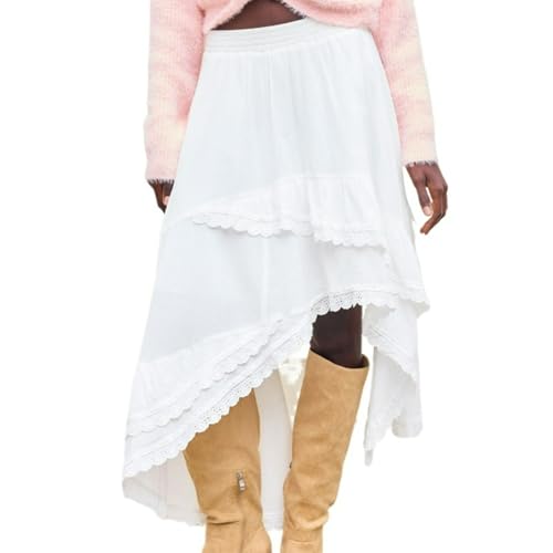 Irregular Skirt Lace Trim Asymmetrical Ruffle Patchwork Elastic Waist Summer Casual Streetwear Skirt