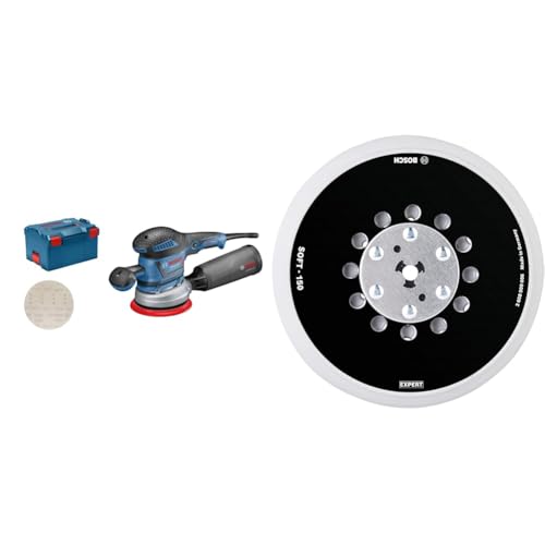 Bosch Professional GEX 40-150 - Lijadora excéntrica (Ø plato 150 mm, en L-BOXX) + 1x Platos de soporte multiperforados de uso universal Expert Multihole, Versión Medio, Lijadora excéntrica, Ø 150 mm