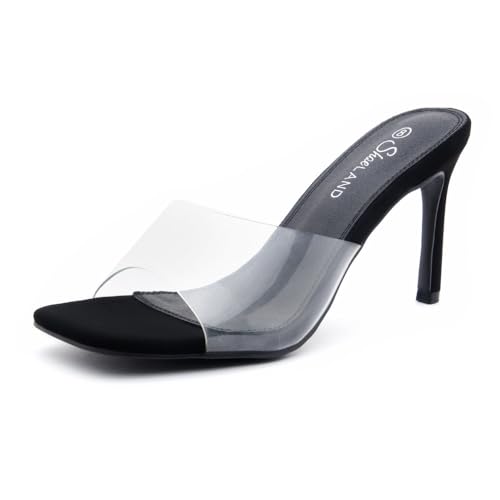 Image of Shoe Land Melrose Women's High Heels Stiletto Heeled Slides, Square Open Toe One Band Slip-On Heeled Mules - Dressy Clear Heeled Sandals for Prom Party Wedding and Vacation