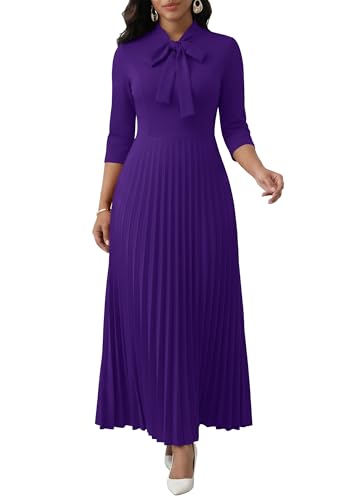 Image of FANDEE Maxi Dress for Women Formal 3 /4 Sleeve Pleated Empire Long Dress Semi Formal Tie Neck Office Work Dresses