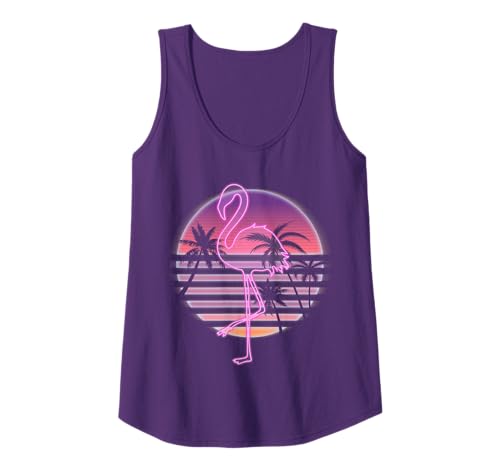 Flamingo On Retro Sunset With Palm Trees - Pink Flamingo Tank Top