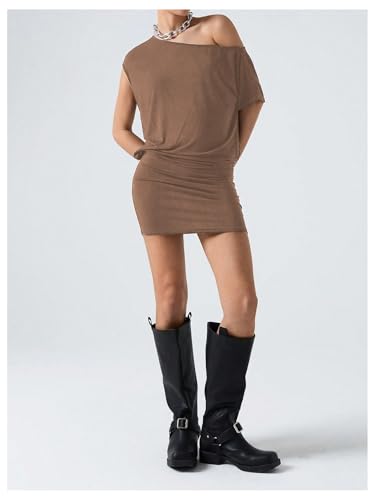 Image of SOLY HUX Women's Off The Shoulder Mini Dress Going Out Asymmetrical Neck Short Sleeve Casual Bodycon T Shirt Dresses