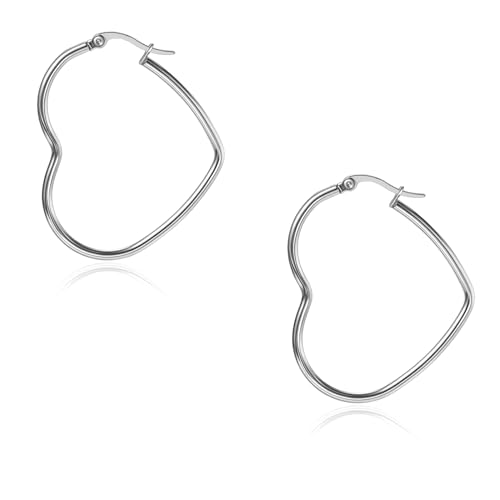 DHZJTSL 30mm Heart Earrings for Women, Silver Hoops Fashion Stainless Steel Hypoallergenic Earrings, Lightweight Small Big Silver Love Heart Jewelry