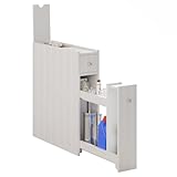 Taylor & Brown Slim Bathroom Floor Cabinet, Narrow & Compact Slimline Wooden Bathroom Organiser with Drawer & Slide Out Shelf, Freestanding Storage Unit, White