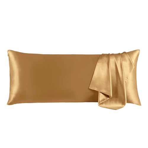 THXSILK Set of 2 Silk Pillowcase for Hair and Skin, 100% Mulberry Silk Bed Pillowcase Ultra-Soft, Hypoallergenic Soft Breathable Silk Pillow Case with Hidden Zipper, Body Size 20"x54", Metallic Gold