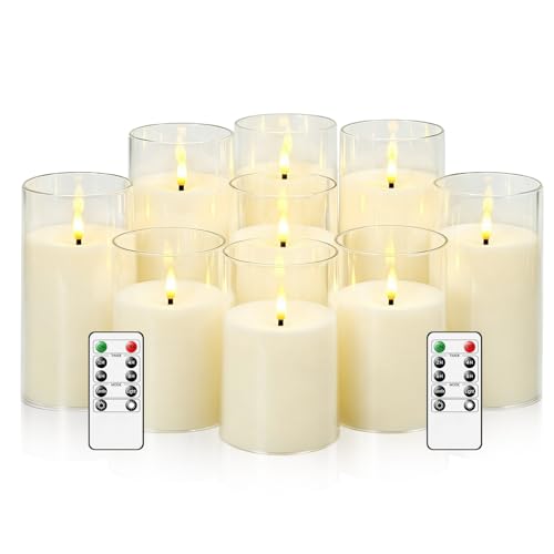 Image of kakoya Flickering Flameless Candles Battery Operated with Remote and 2 /4 /6 /8 H Timer Acrylic Led Pillar Candles Pack of 9 (D 3 inch xH 4 inch 5 inch 6 inch) with Realistic 3D Wick Candles for Home Decor(Ivory)