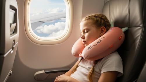 Image of Soft and Comfortable Cartoon Designed U-Shaped Kids Travel Neck Pillow for Airplane Car Flight Head Neck Support for Boys and Girls (Pack of 1, Peach)
