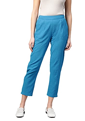 Image of Yash Gallery Women's Regular Fit Mid Rise Solid Cotton Slub Ankle Length Regular Trouser Pant