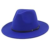 Muryobao Women Classic Wide Brim Wool Fedora Hat with Retro Belt Buckle Felt Panama Hat Royal Blue