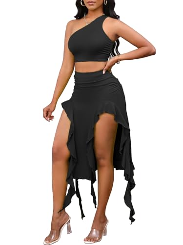 Image of BARASA Women Summer 2 Piece Skirt Sets Comfy Ruffle Trim Irregular Split Sexy Y2k Club Party Tops Jellyfish Skirt Suits S69