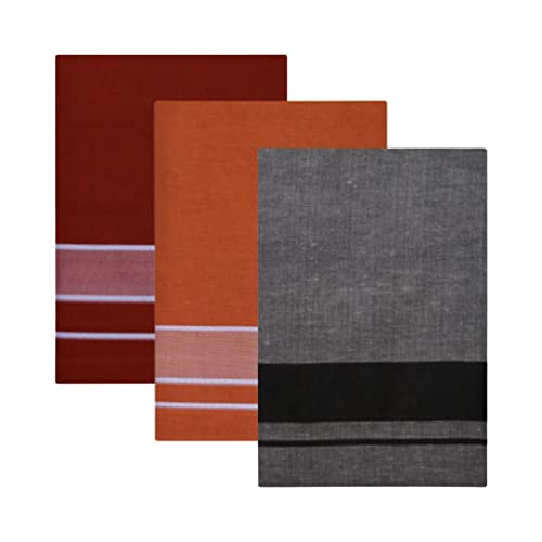 Multicolor Kerala style (Mundus) Dhotis for Men Dark Kaavi (saffron), Light Kaavi and Grey (Free Size Assorted) Lungi Veshti (Kaili) Pack of 3
