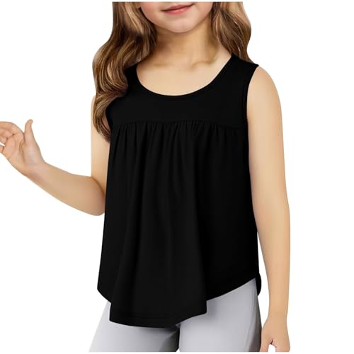 Girls Tank Top Loose Fit Pleated Soft Crew Neck Sleeveless Undershirts Summer Solid Sport Basic Vest Tees for Kids