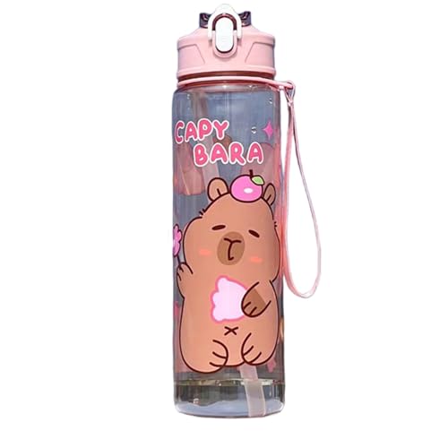 SHITOOMFE Botella de Agua de Kawaii, Botella de Agua de Capybara 750ml Kawaii Transparente con Tazas para Beber Fugas con Mango para Mujeres Viajes de Senderismo de Picnic de Campamento, Estilo 3