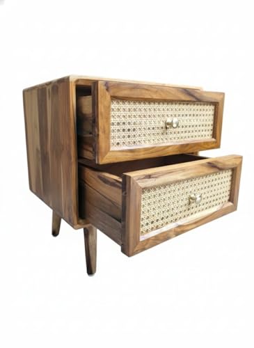 Image of MISAN Boston Solid Wood Bedside Table with Rattan Drawers Mid Century Night Stand for Living Room, Bedroom (S- Natural)