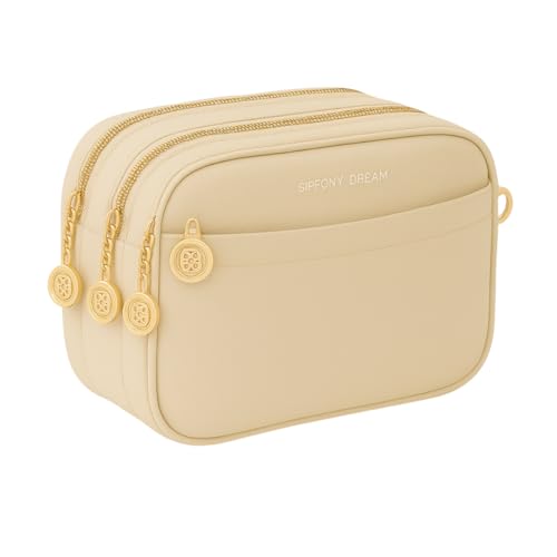 Bolsa Feminina Tiracolo Pequena 3 Zíperes Couro Sintético QUBCCUM (Bege)