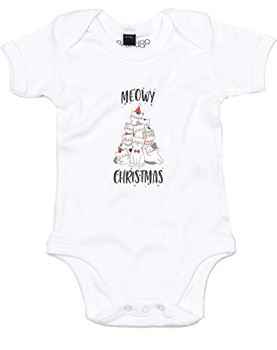 Brand88 Meowy Christmas, Baby Grow - White 3-6 Months