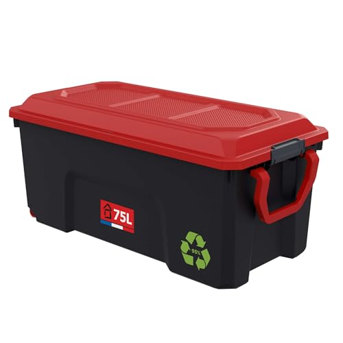 SUNDIS Locker, malle de rangement en plastique recyclé 75 litres, avec couvercle, roues, poignée...