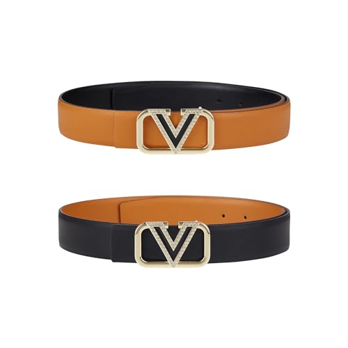 Women Reversible Leather Belt with Fashion V Gold Buckle for Dresses, Jeans, and Coats,width 1.3