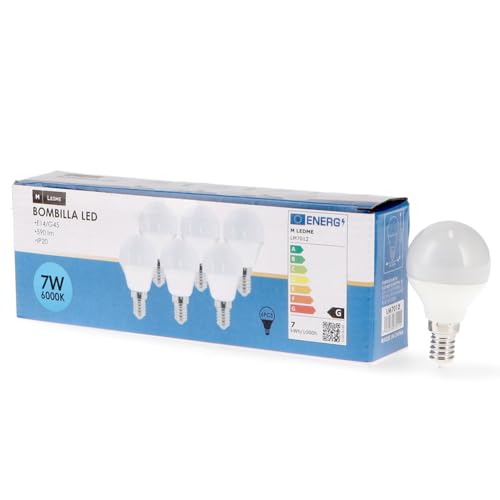 M Ledme - Pack de 6, Ampoule LED E14 G45 7W, Lumière froide (6000k), Culot E14, 630 Lumen, IP20, Ouverture du faisceau lumineux 200°, Efficacité énergétique et Faible consommation. LM7608