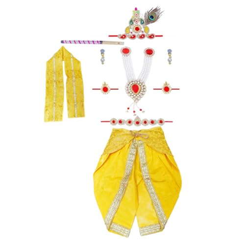 Image of Krishna Dress for Kids - FancyDress for Boys & Girls | Bal Krishna with Mukut, Flute & Accessories (Set of 10)| Janmashtami