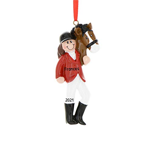 Personalized Equestrian Horse Christmas Tree Ornament 2021 - Brunette Horse-Woman Ride Boots Trail Lesson Teacher Race Girl Sports Jockey Activity Year - Free Customization (Brown Hair)