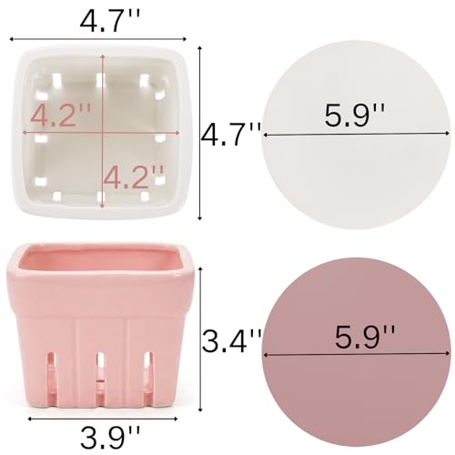 Image of Pumtus 4 Pack Ceramic Berry Baskets, 4.7 inch Square Fruit Bowl with Holes & Pads, Pink White Fridge Berry Container, Decorative Strawberry Grape Cherry Colander, Fruit Crate Holder for Gift Kitchen