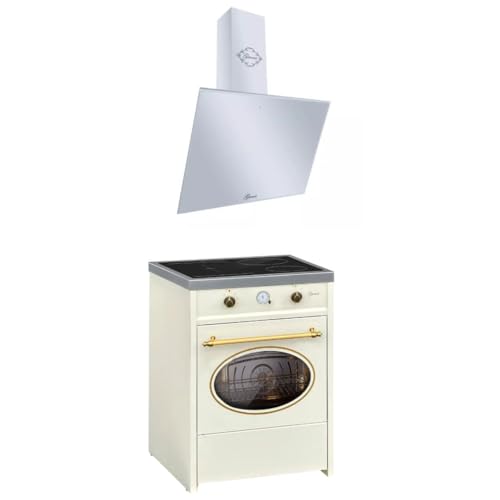 GURARI Juego de cocina GCH E 612 Cr r + GCH D 286 WH 6 Prime, retro, de inducción, 60 cm, Range Coocker, 60 L, color crema + campana extractora, campana de pared, sin cabeza, cristal blanco, extractor