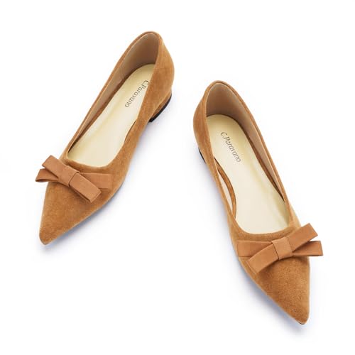 Women's Suede Bow Knot Ballet Flats Pointed Toe Slip-On