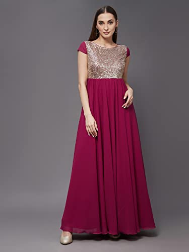 Image of Miss Chase Women's Round Neck Sleeve Embellished Fit Flare Maxi Dress