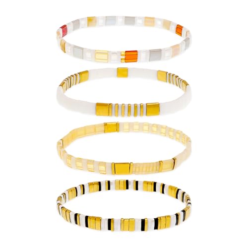 Tila Flat Beaded Bracelets Set for Women, 4Pcs Trendy Handmade Miyuki Glass Gold White Colorful Stack Beads Stretch Bracelet Festive Holiday Accessories Jewelry Gift.