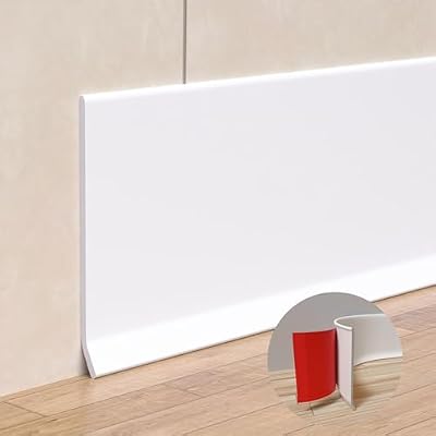 Risunpet Peel and Stick Baseboard Trim, 4 Inch Rubber Baseboard Vinyl Wall Base, Flexible Baseboard Molding Trim, Adhesive Baseboard Trim Rubber Cove Base(20Ft, White)