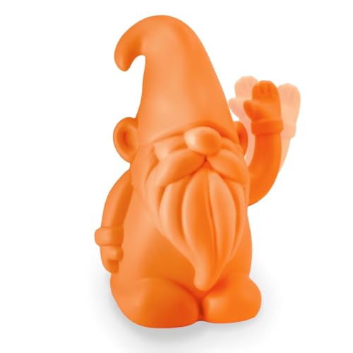 Fluffy Dreams Winkender Deko-Zwerg, 16 cm - Lustige Gartenzwerg-Deko, Wackelfigur aus mattem Kunststoff, Zwergskulptur für Fensterbank, Regal, Tisch | Batteriebetrieben, orange